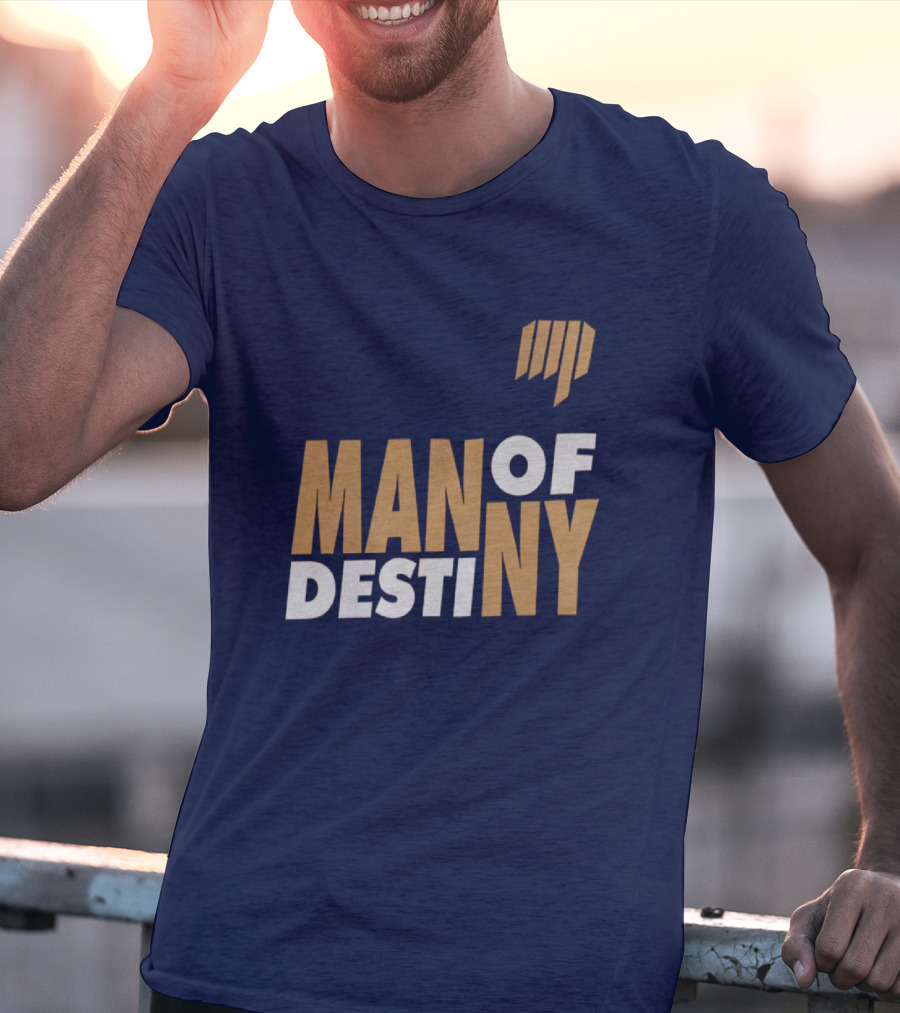 Man Of Destiny Blue And Gold Text With Vertical Stripe T-Shirt