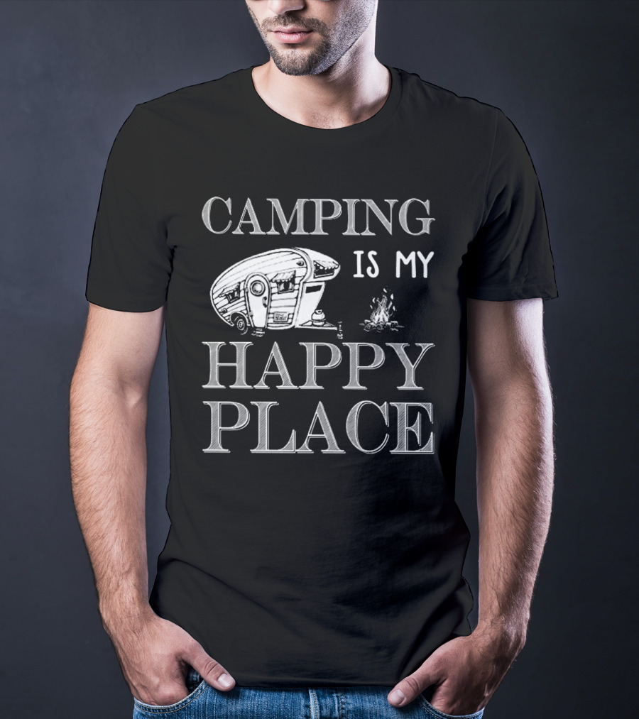 Camping Is My Happy Place With RV And Campfire Scene T-Shirt
