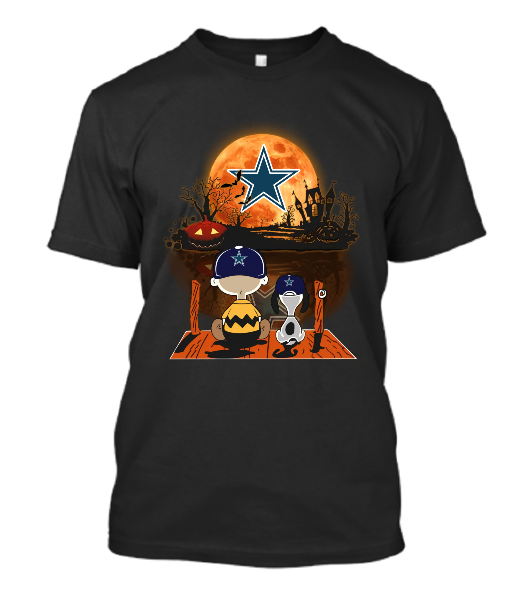 Charlie Brown And Snoopy Dallas Cowboys Halloween Moon Scene T-Shirt