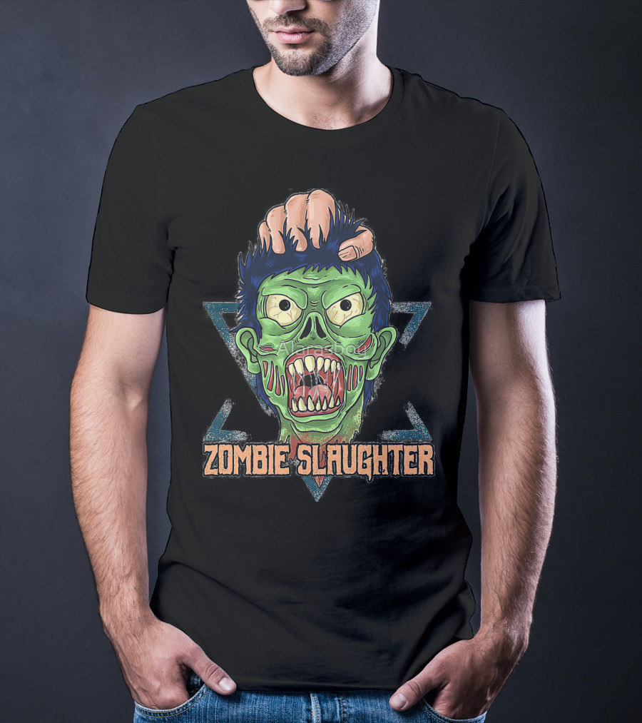 ZOMBIE SLAUGHTER Gruesome Green Undead Face In Hand Triangular Frame T-Shirt