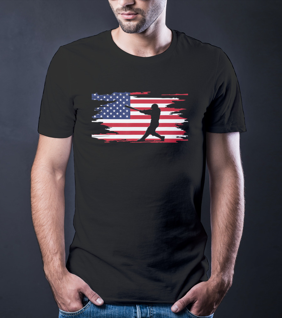 American Flag Baseball Player Silhouette Patriotic Sports T-Shirt