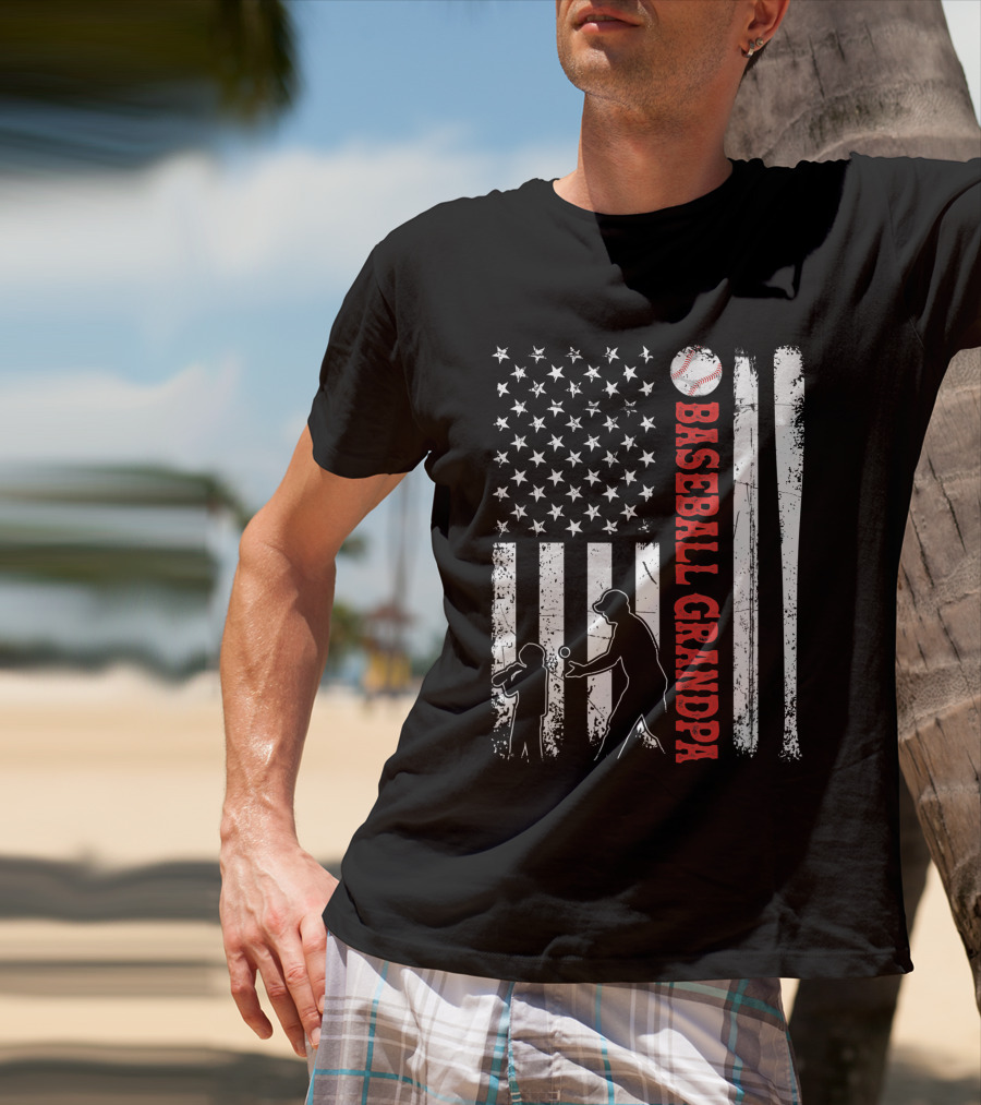 Distressed USA American Flag Baseball Grandpa Silhouette With Bats And Ball T-Shirt