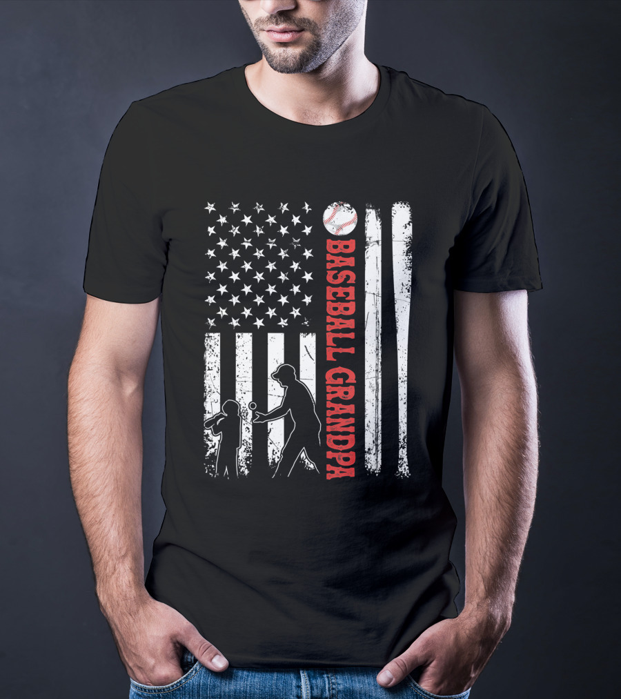 Distressed USA American Flag Baseball Grandpa Silhouette With Bats And Ball T-Shirt
