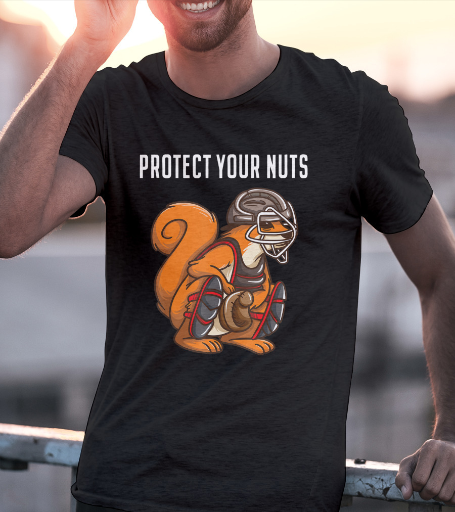 Protect Your Nuts Funny Squirrel Lover Baseball Catcher Animal T-Shirt