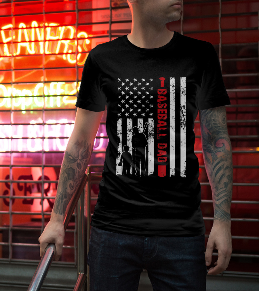 Proud Baseball Dad American Flag Sports T-Shirt