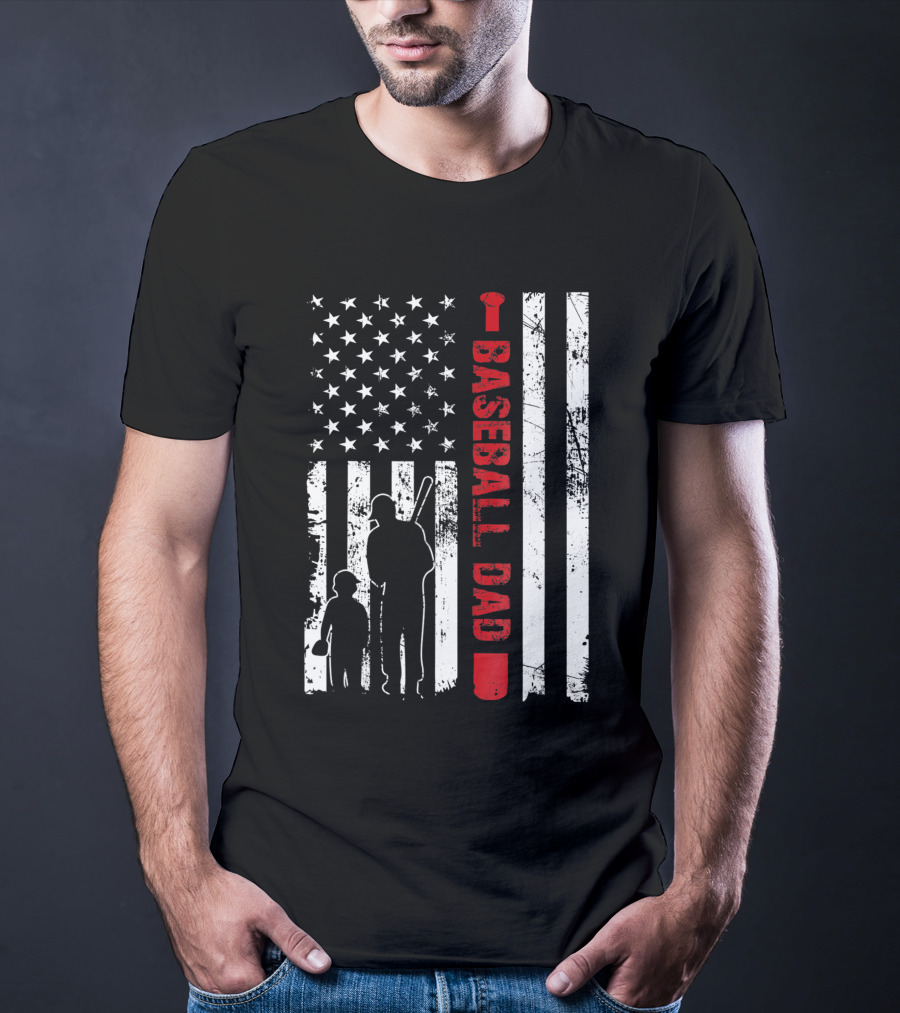Proud Baseball Dad American Flag Sports T-Shirt