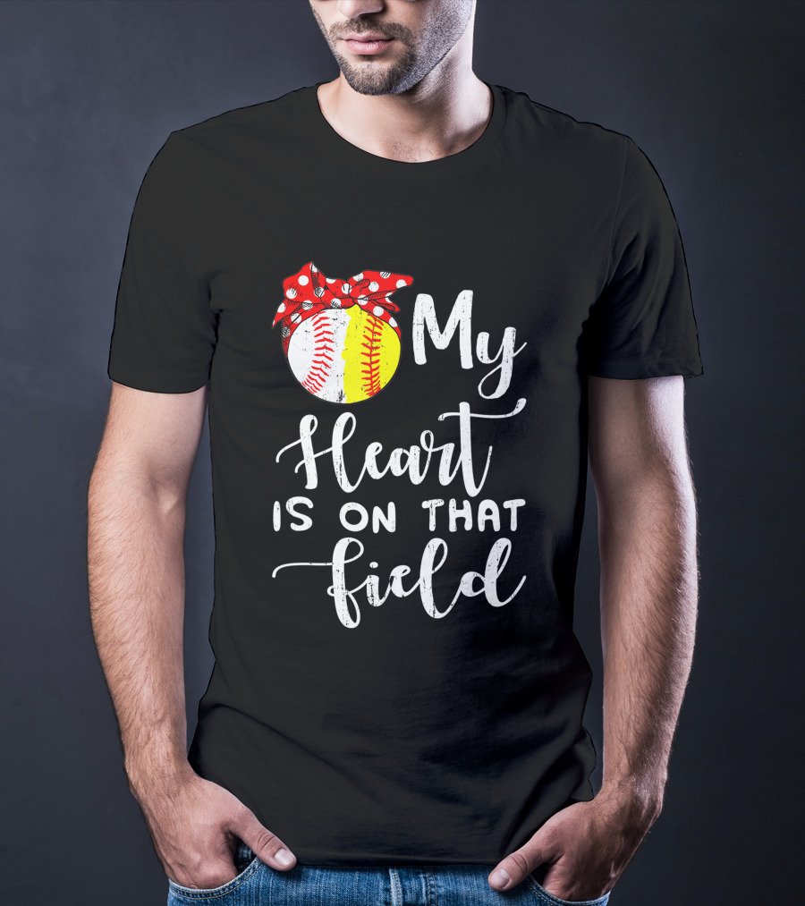 My Heart Is On That Field Baseball Softball Red Polka Dot Bow T-Shirt
