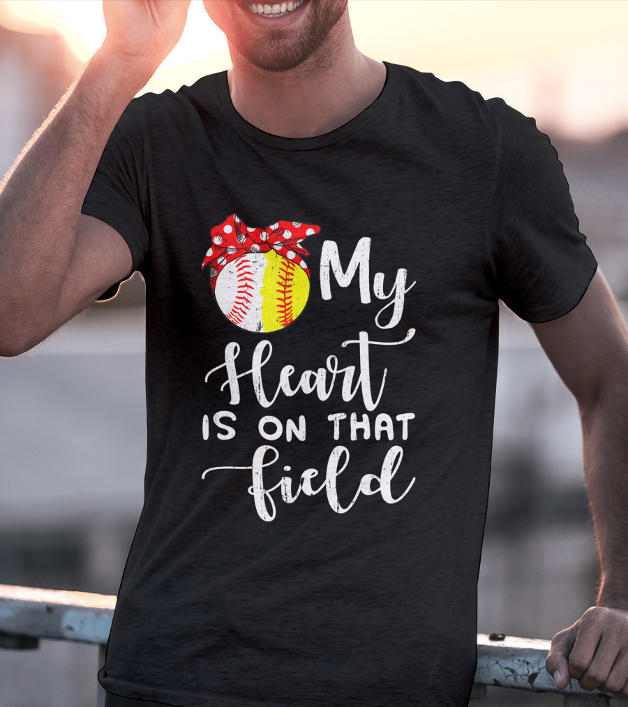 My Heart Is On That Field Baseball Softball Red Polka Dot Bow T-Shirt