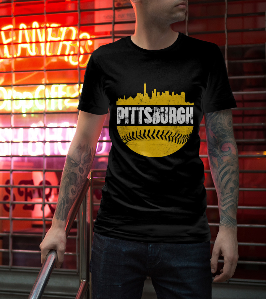 Pittsburgh Baseball Cityscape Distressed Look With Baseball Stitching T-Shirt