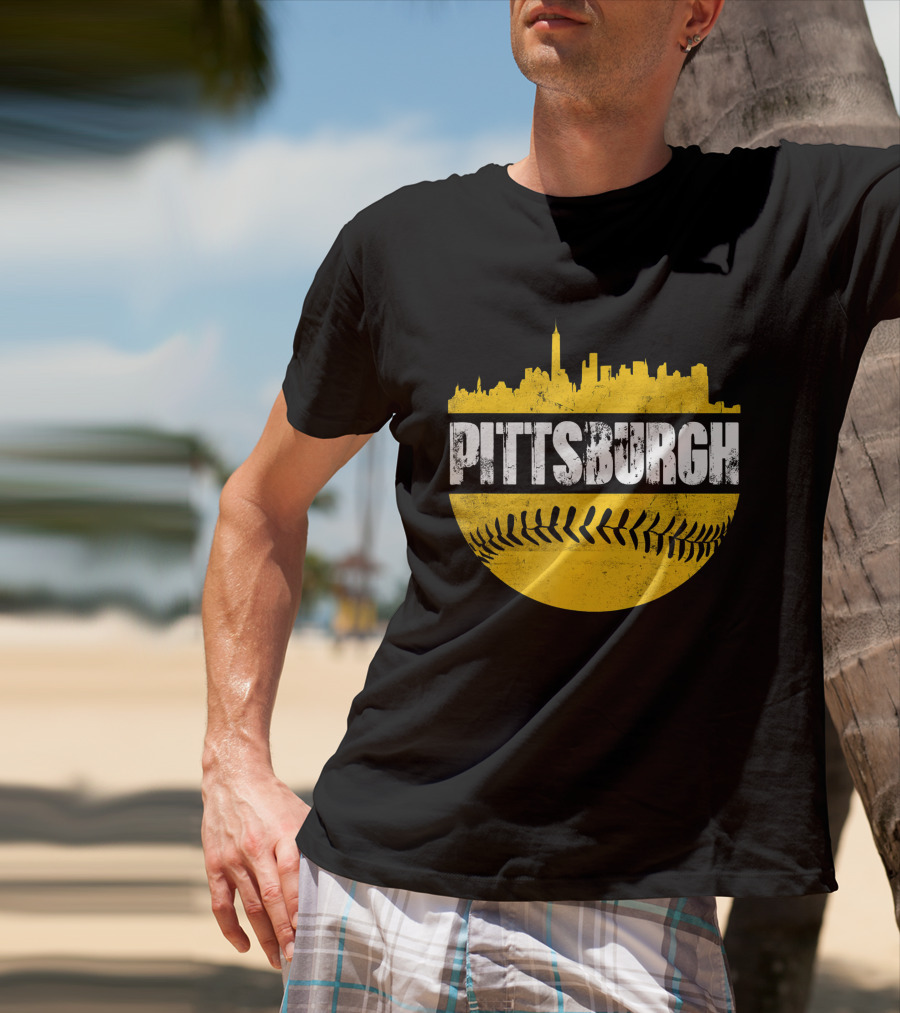 Pittsburgh Baseball Cityscape Distressed Look With Baseball Stitching T-Shirt