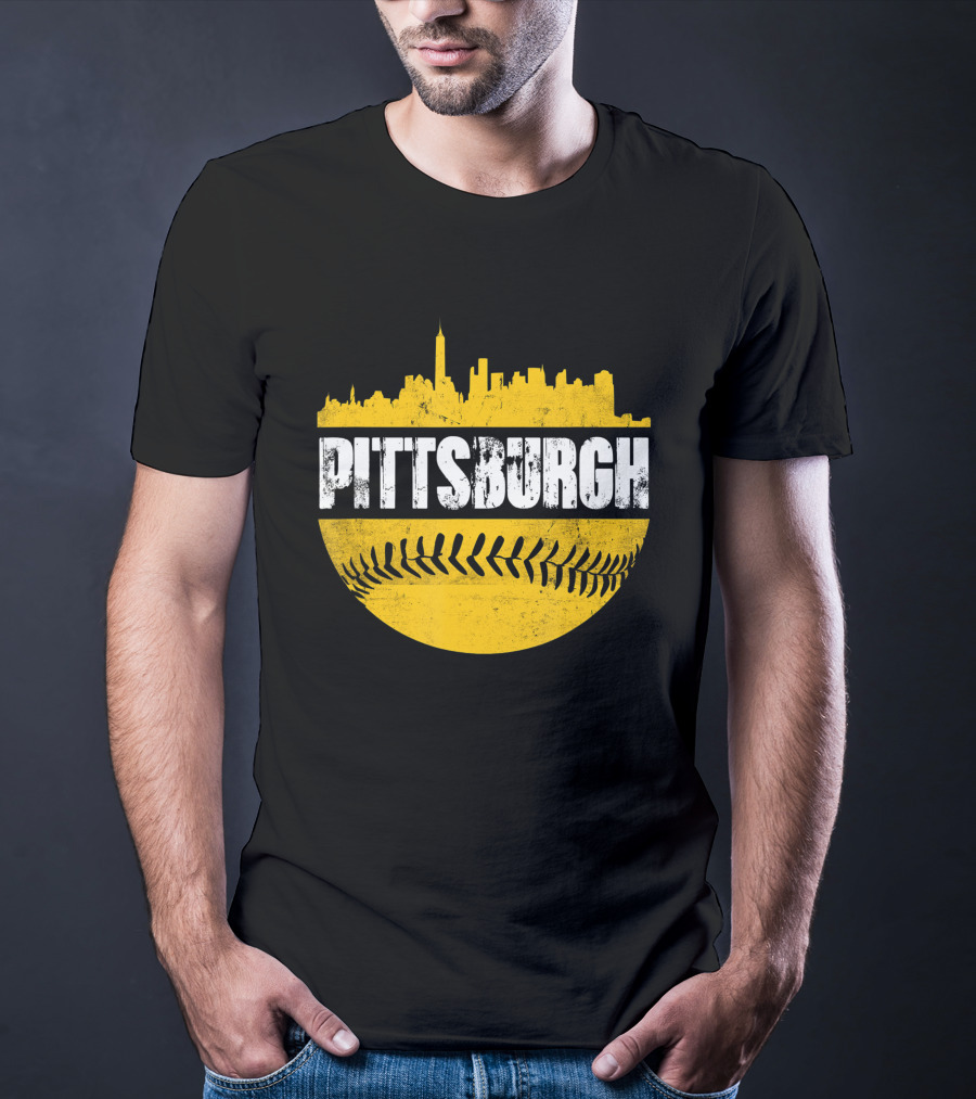 Pittsburgh Baseball Cityscape Distressed Look With Baseball Stitching T-Shirt