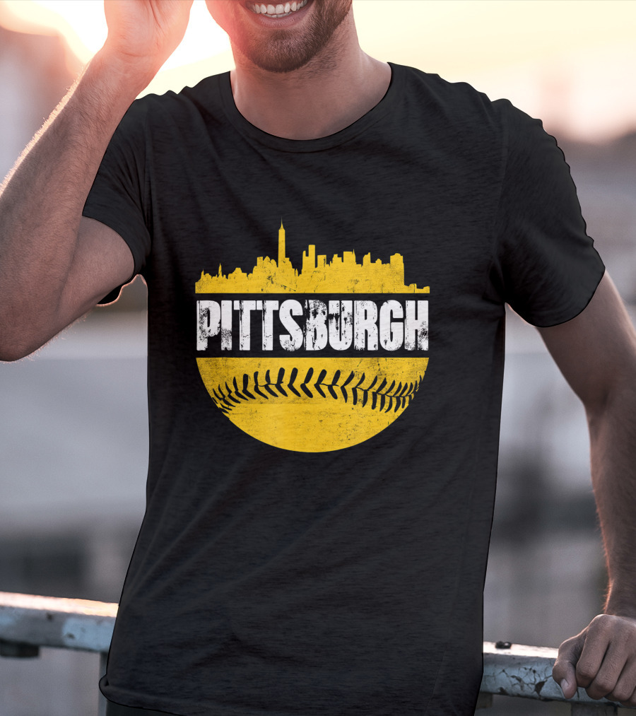 Pittsburgh Baseball Cityscape Distressed Look With Baseball Stitching T-Shirt
