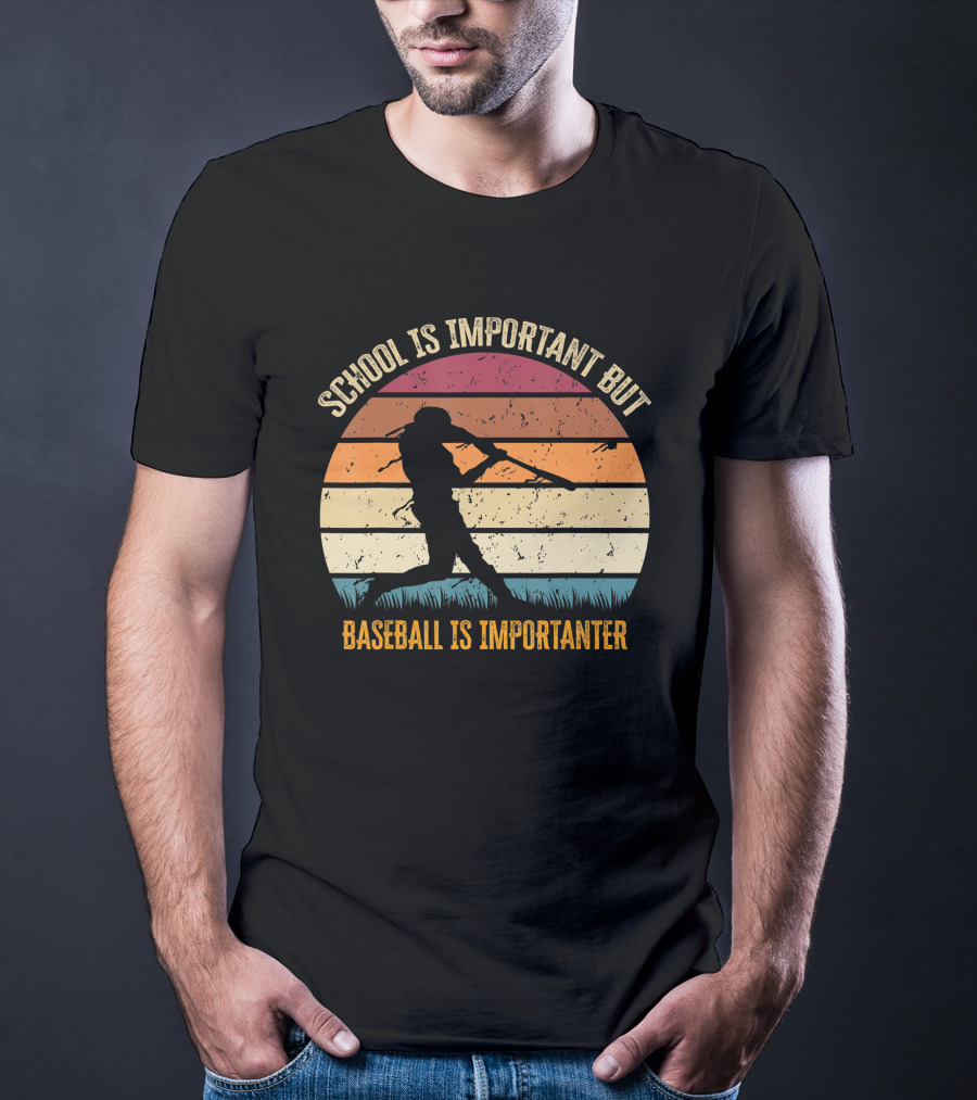 School Is Important But Baseball Is Importanter Retro Sunset Baseball Player T-Shirt