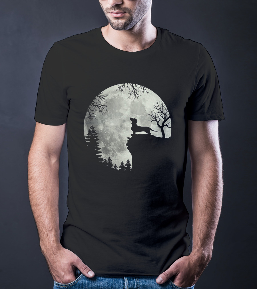 Dachshund Silhouette Howling At Full Moon In Forest Night Scene T-Shirt
