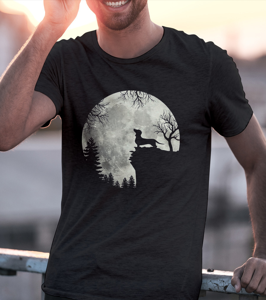 Dachshund Silhouette Howling At Full Moon In Forest Night Scene T-Shirt