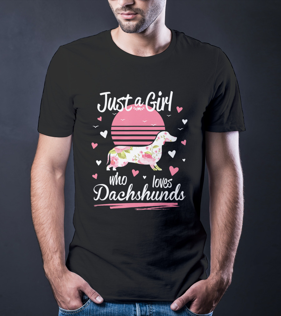 Just A Girl Who Loves Dachshunds Pink Floral Sunset Hearts T-Shirt