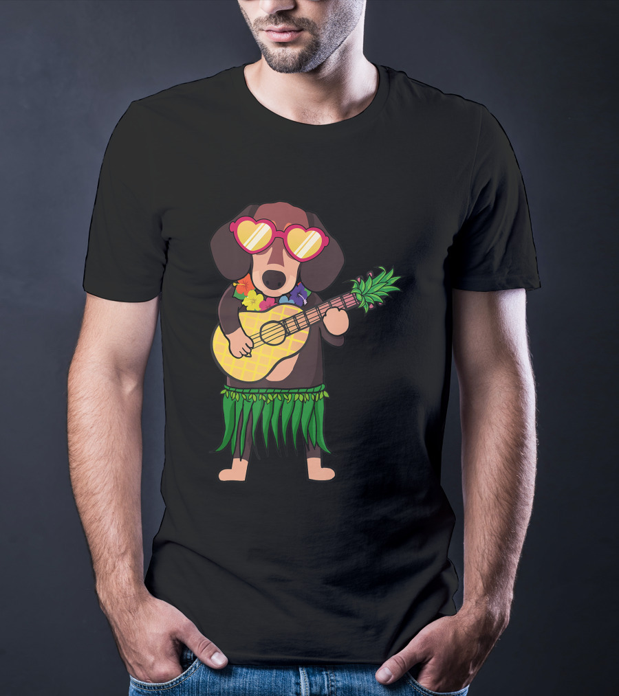 Dachshund Hawaiian Ukulele Player In Summer Costume With Sunglasses T-Shirt