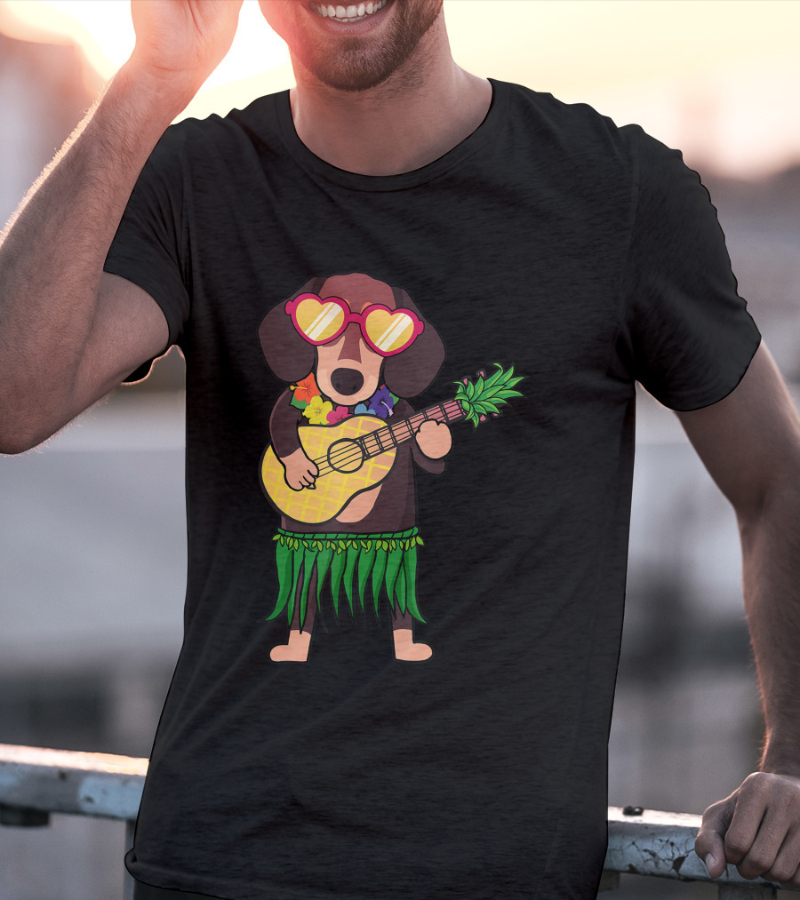 Dachshund Hawaiian Ukulele Player In Summer Costume With Sunglasses T-Shirt