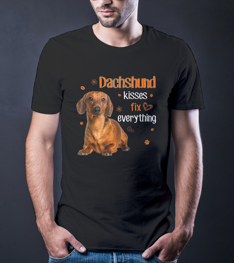 Dachshund Kisses Fix Everything Dachshund Lover Orange Paw Prints T-Shirt