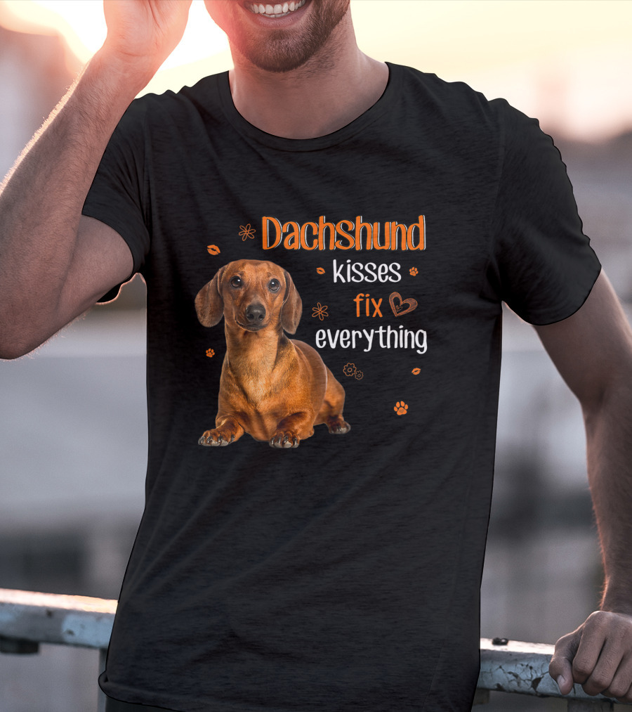 Dachshund Kisses Fix Everything Dachshund Lover Orange Paw Prints T-Shirt