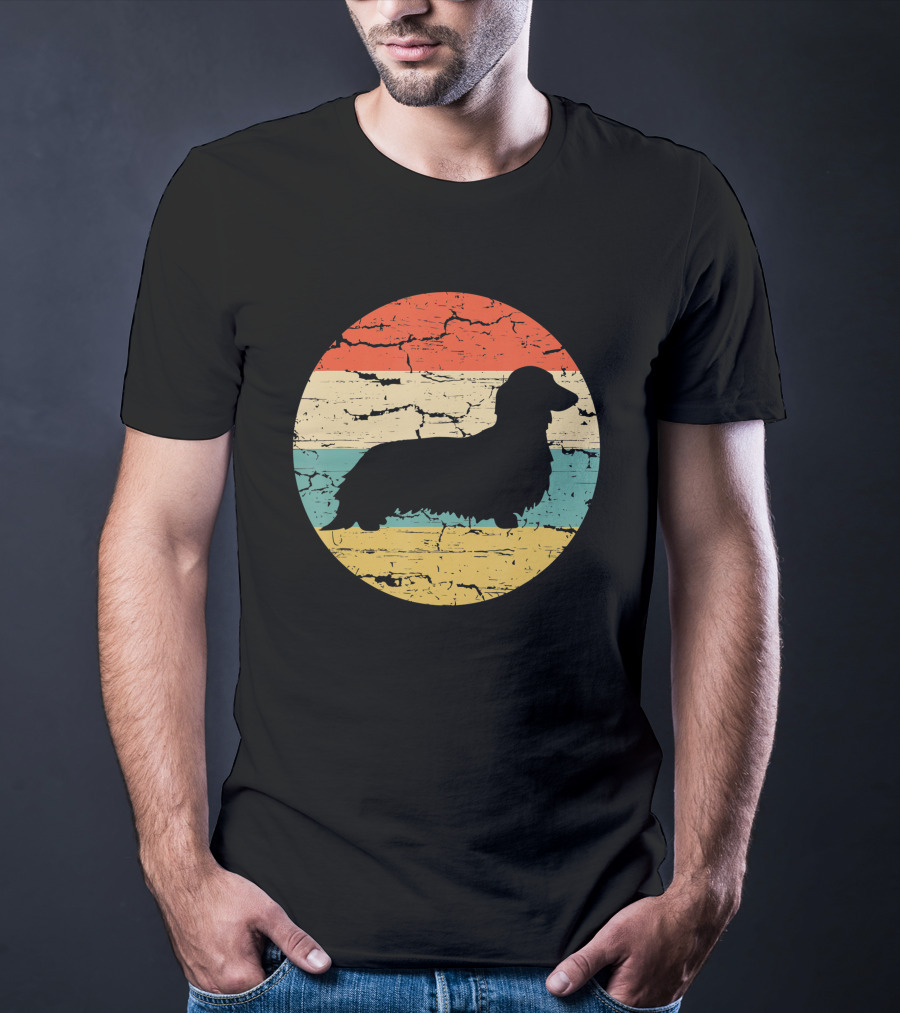 Dachshund Long Haired Dog Vintage Retro Stripes T-Shirt