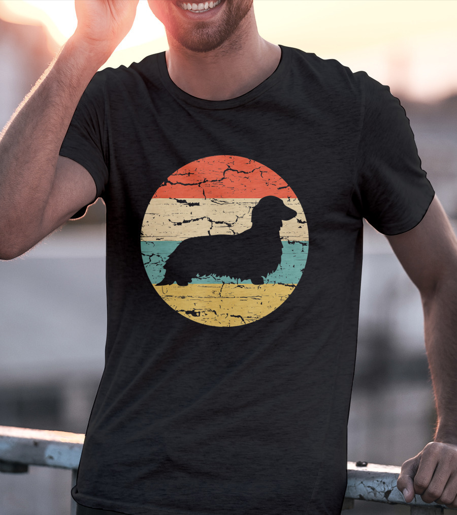 Dachshund Long Haired Dog Vintage Retro Stripes T-Shirt