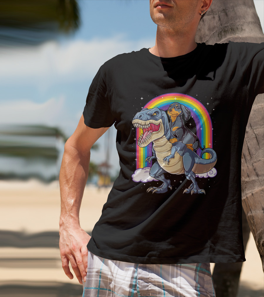 Dachshund Riding Dinosaur Rex T-Shirt