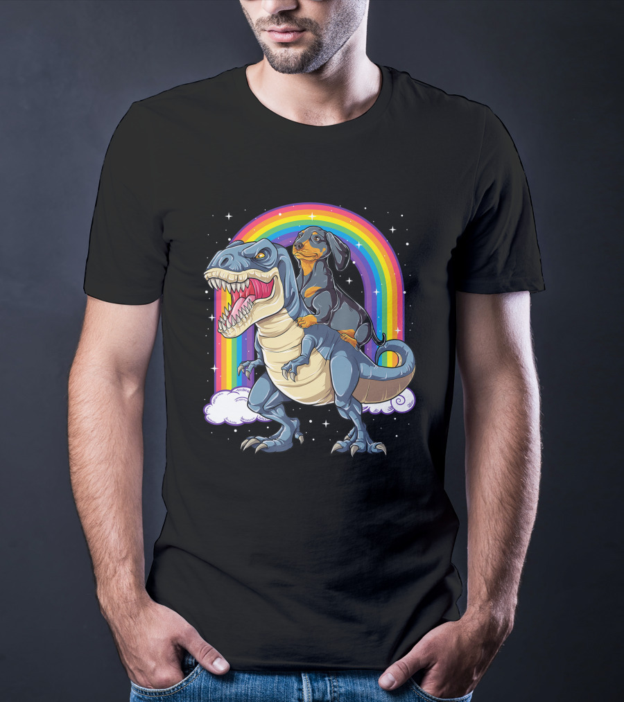 Dachshund Riding Dinosaur Rex T-Shirt