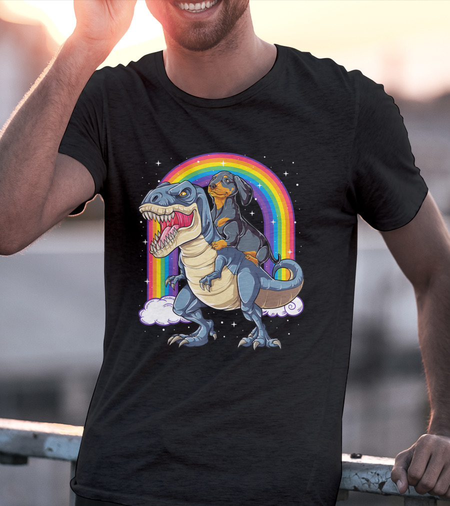 Dachshund Riding Dinosaur Rex T-Shirt