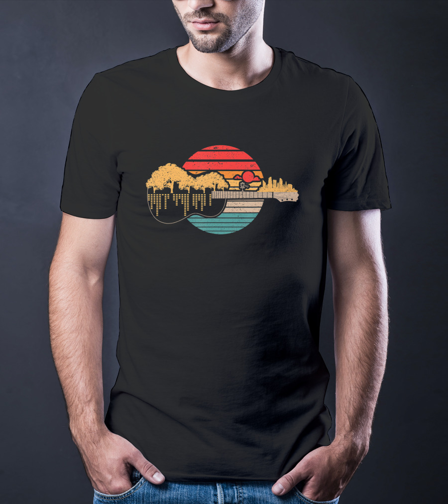Disc Golf Flying Disc Sunset Guitar Landscape City Skyline T-Shirt
