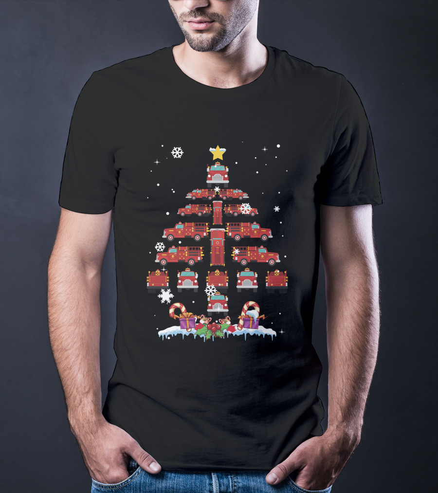 Firefighter Truck Christmas Tree With Snowflakes And Presents T-Shirt