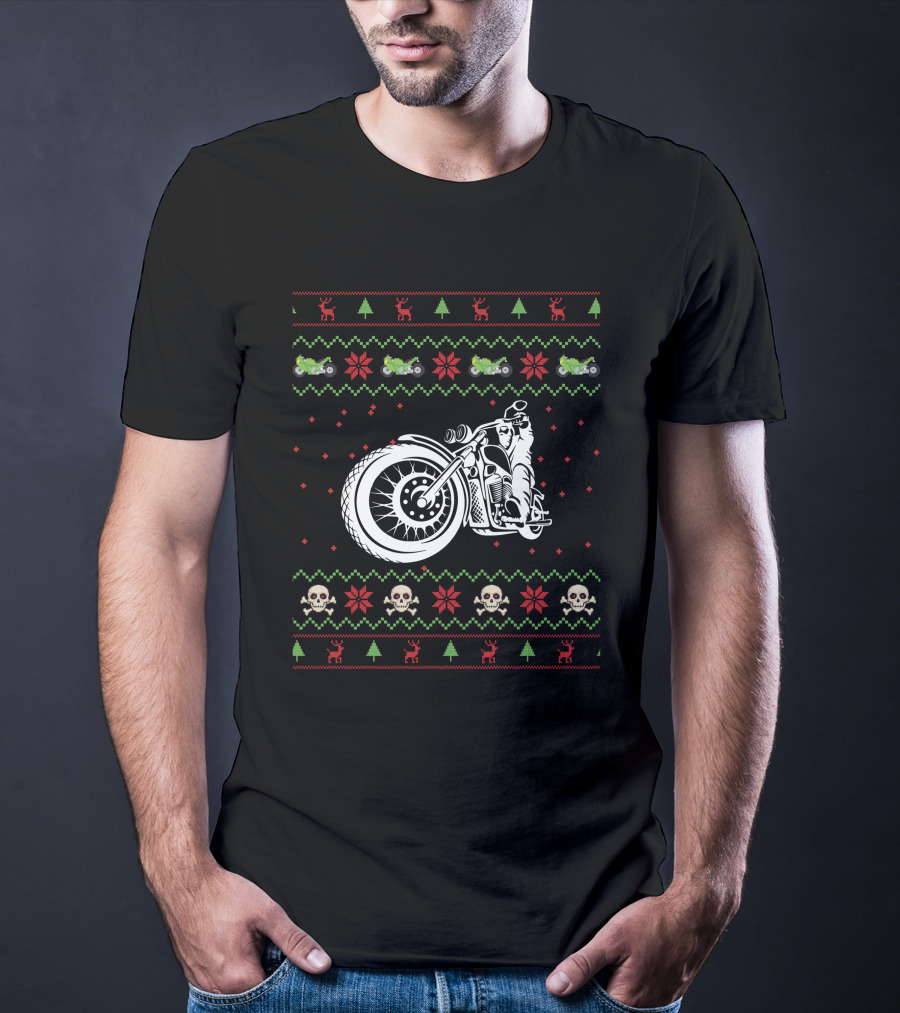 Motorbike Ugly Christmas Sweater Skulls And Reindeer T-Shirt