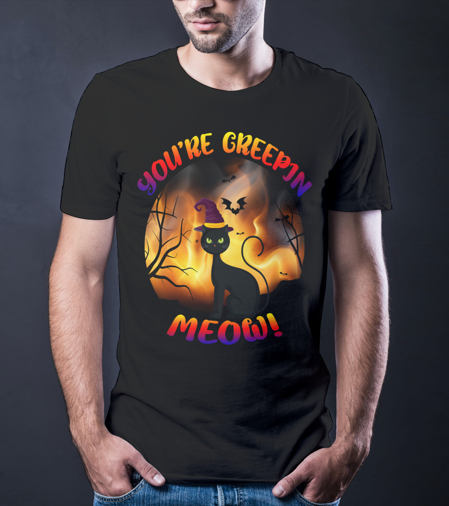 You’re Creepin Meow Halloween Cat Bat Scene T-Shirt