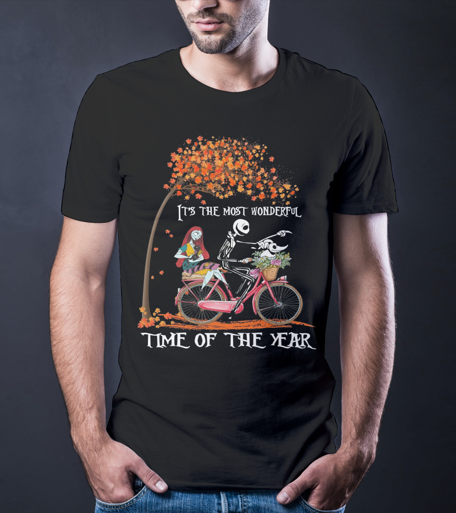 It's The Most Wonderful Time Of The Year Jack And Sally Bike Autumn Leaves T-Shirt