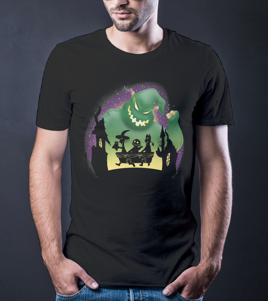 Boogie Lock Shock And Barrel Silhouette Against Green Monster And Haunted House Background T-Shirt