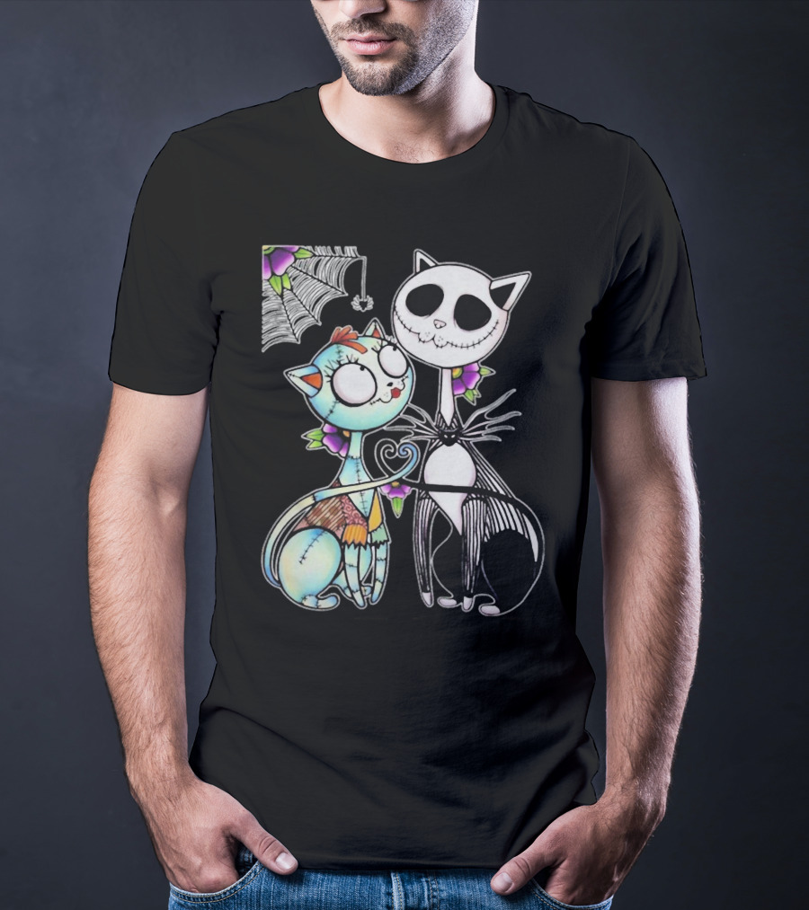 Jack Skellington Cat And Sally Cat With Heart Umbrella And Stitching Elements T-Shirt