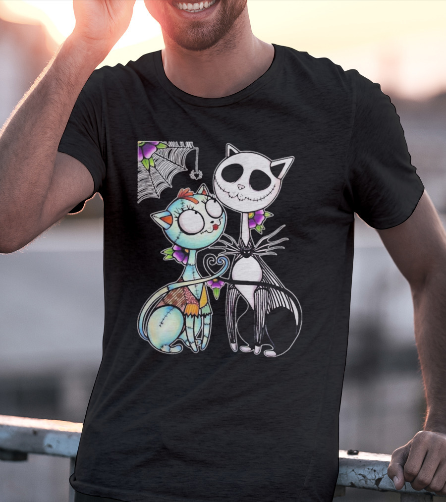 Jack Skellington Cat And Sally Cat With Heart Umbrella And Stitching Elements T-Shirt