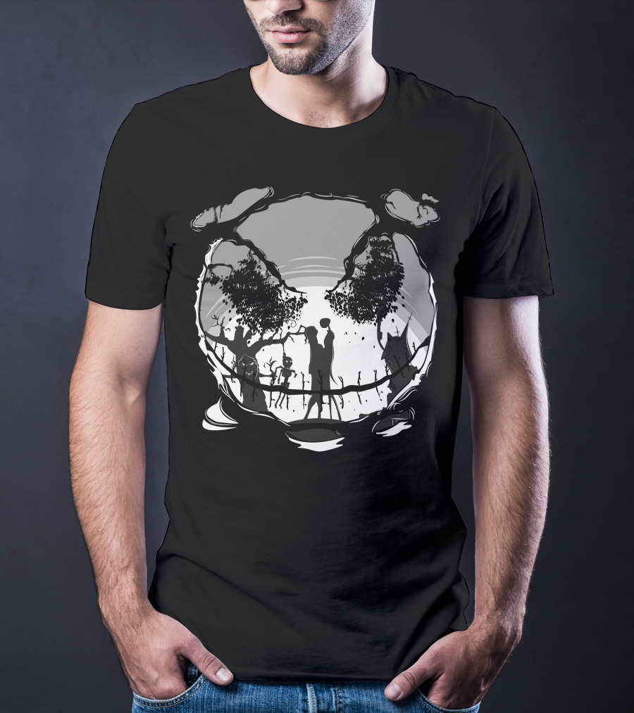 Jack And Sally Embrace In Spooky Forest Scene T-Shirt