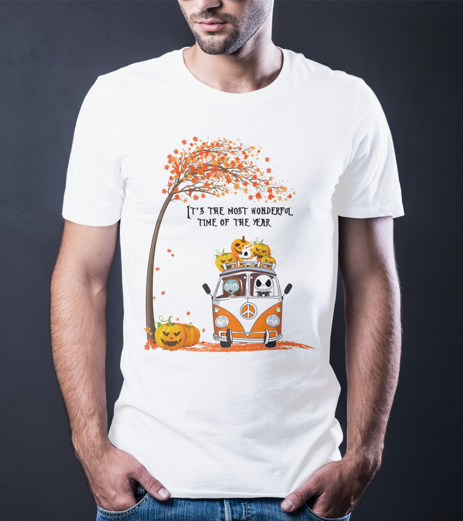 It's The Most Wonderful Time Of The Year Jack Sally Zero And Pumpkin In Van With Tree And Autumn Leaves T-Shirt