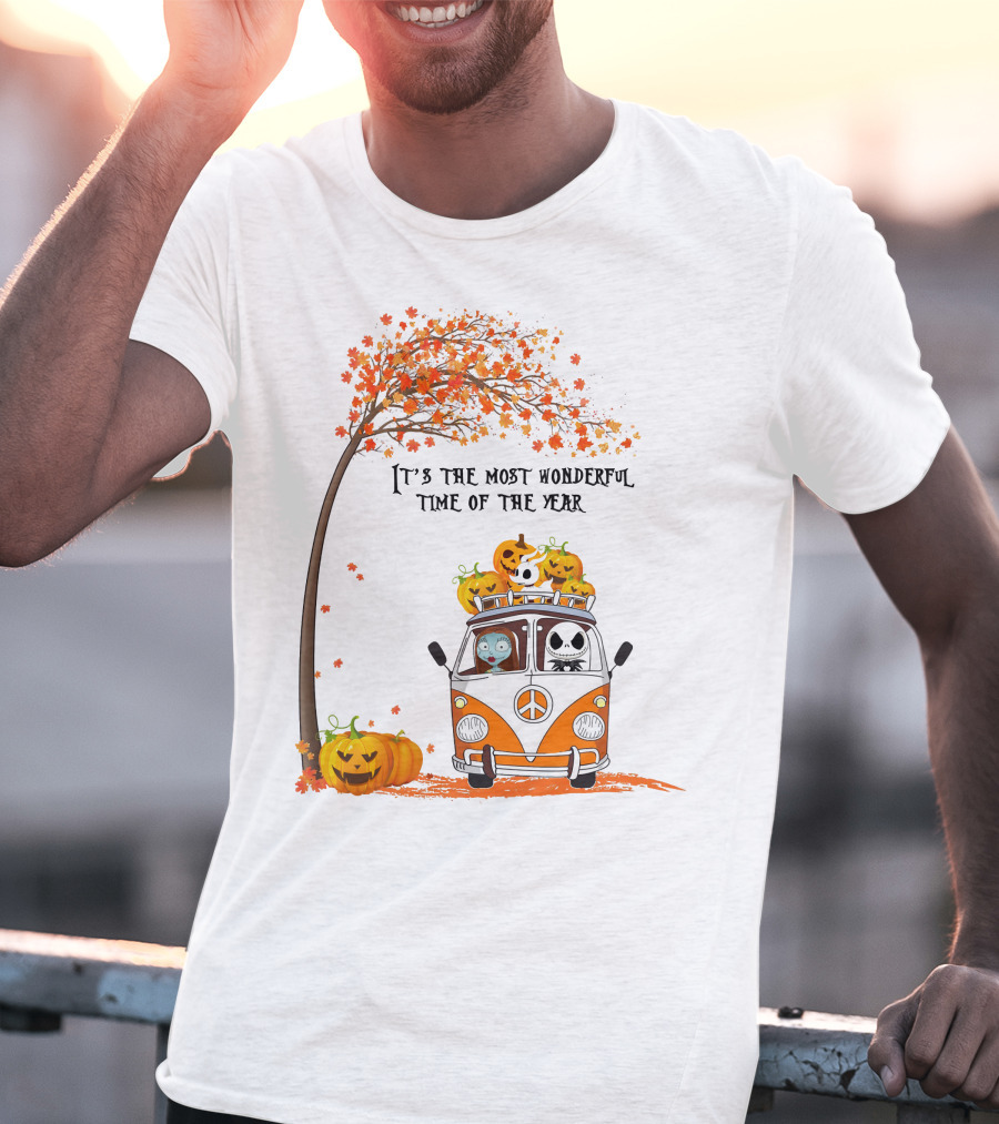 It's The Most Wonderful Time Of The Year Jack Sally Zero And Pumpkin In Van With Tree And Autumn Leaves T-Shirt