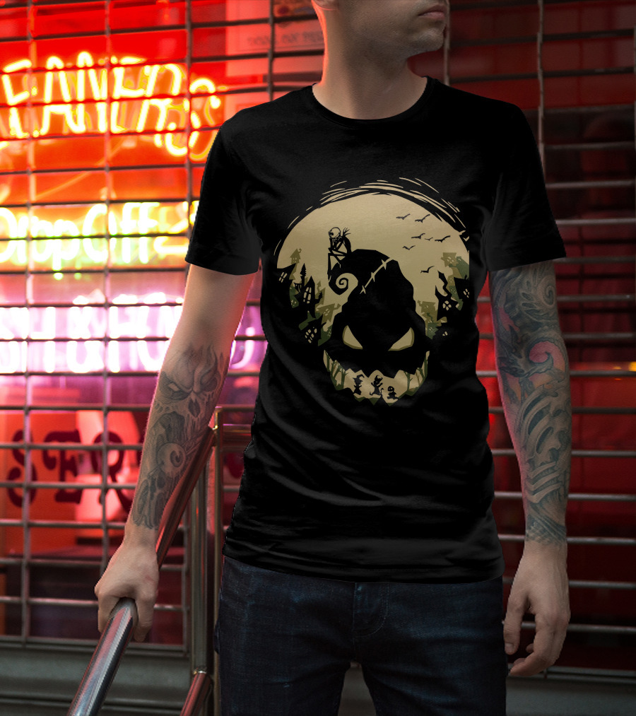 Jack Skellington Sitting On Curved Hilltop Over Oogie Boogie With Walking Figures And Bats In Spooky Moonlit Landscape T-Shirt