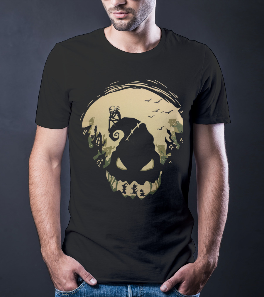 Jack Skellington Sitting On Curved Hilltop Over Oogie Boogie With Walking Figures And Bats In Spooky Moonlit Landscape T-Shirt