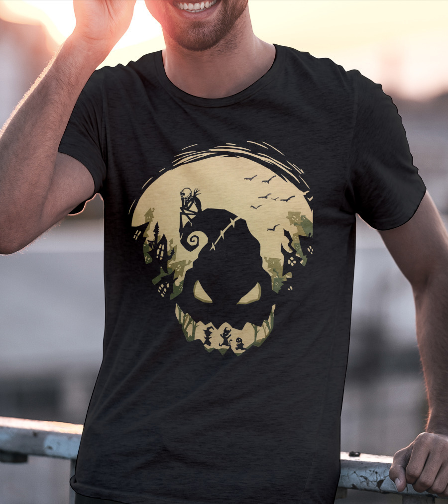 Jack Skellington Sitting On Curved Hilltop Over Oogie Boogie With Walking Figures And Bats In Spooky Moonlit Landscape T-Shirt