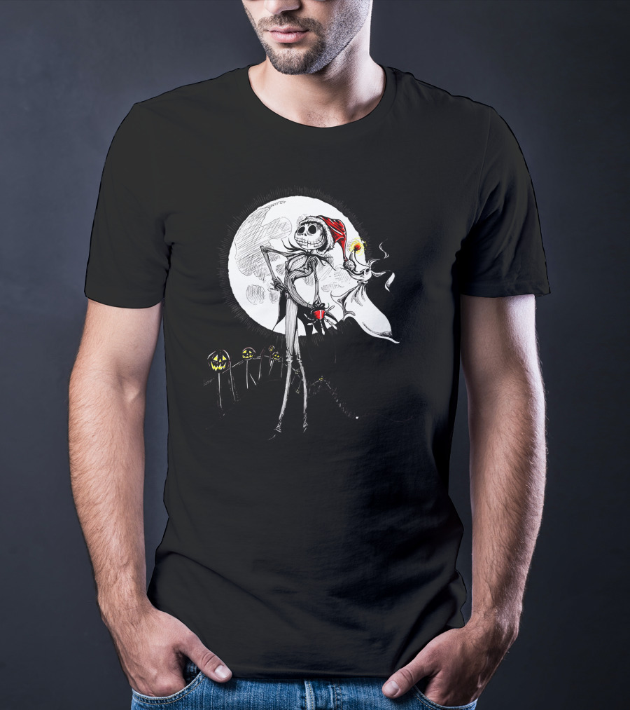 Jack Skellington Zero With Santa Hat And Full Moon Halloween Scene T-Shirt