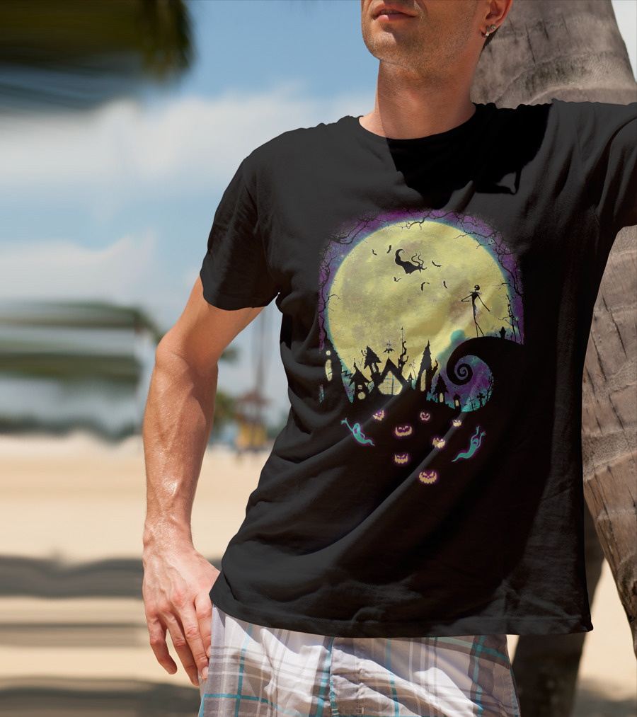 Jack Zero Moonlit Halloween Scene With Ghostly Pumpkins T-Shirt