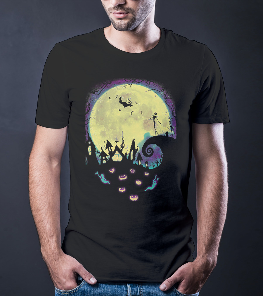 Jack Zero Moonlit Halloween Scene With Ghostly Pumpkins T-Shirt