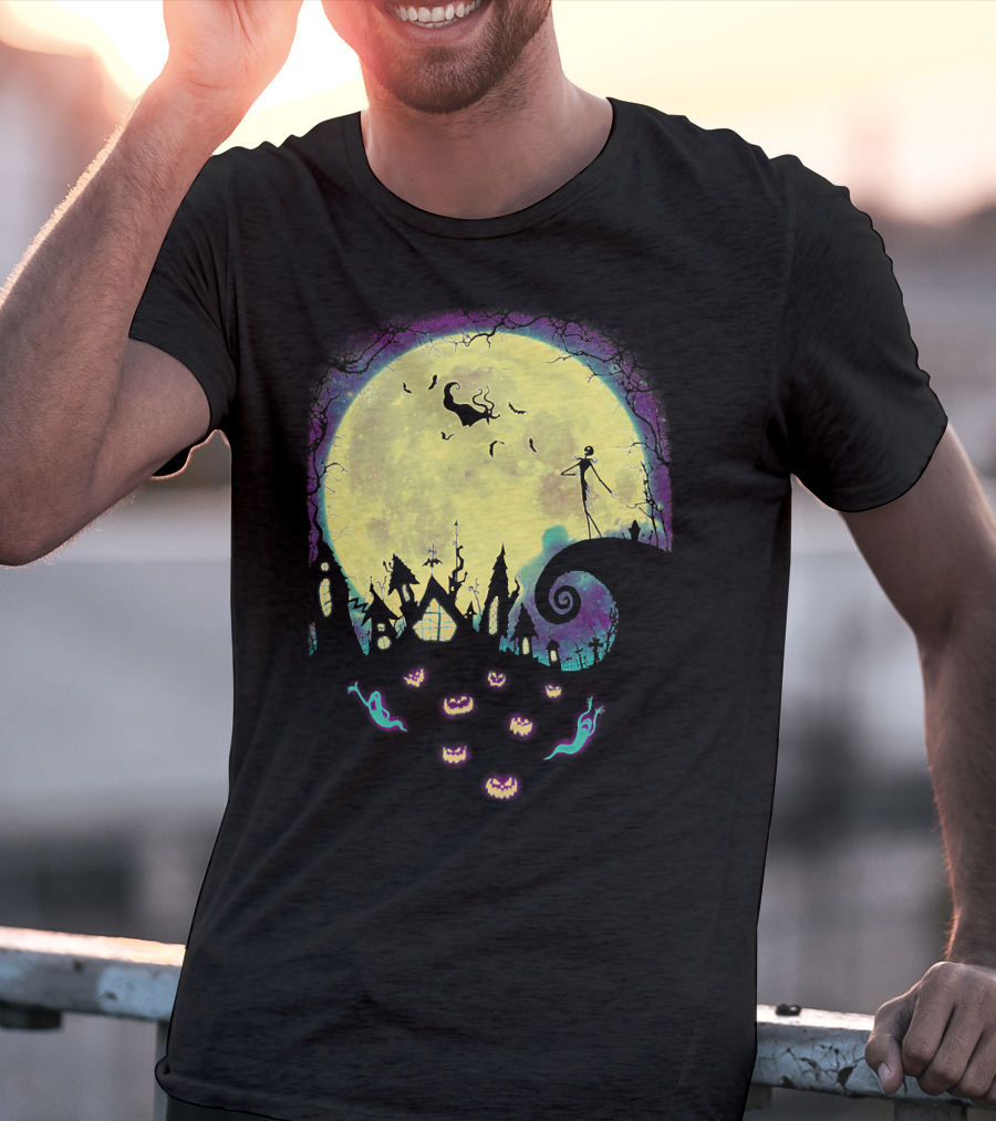 Jack Zero Moonlit Halloween Scene With Ghostly Pumpkins T-Shirt