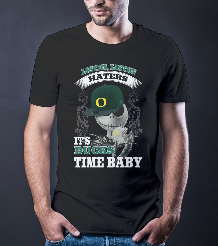 Listen Haters It's Ducks Time Baby Skeleton Wearing Green Baseball Cap With O T-Shirt