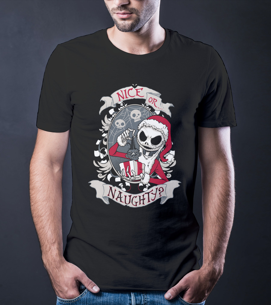 Nice Or Naughty Santa Skeleton With Skull Background T-Shirt