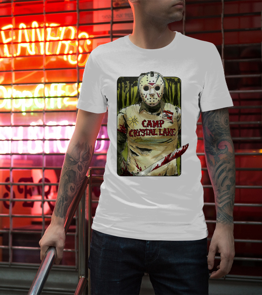 Jason Camp Crystal Lake Horror Mask Blood Stained Machete T-Shirt